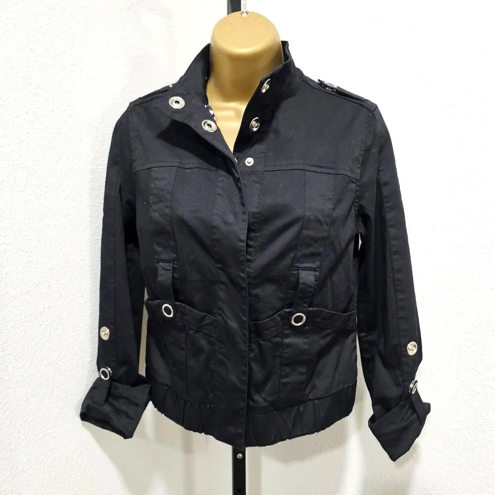 Cyber Moto Black Jacket Women's Medium Stretchy Pockets Snaps Edgy Rocker Biker